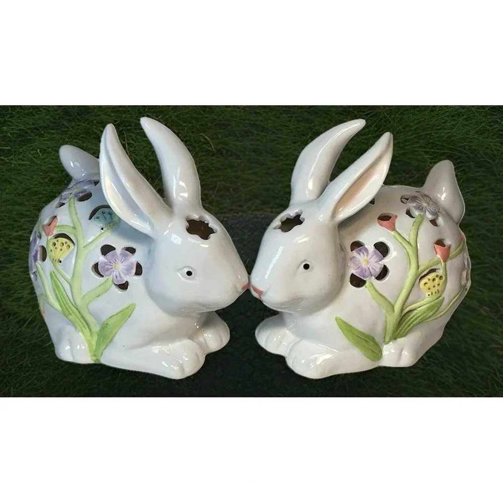 2 Hand Painted‎ Porcelain Rabbit-Bunny Figurines with Lights Easter So Pretty !